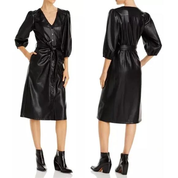 HOUSE OF HARLOW Black Belted Faux Leather Midi Dress Size Small - Picture 1 of 6